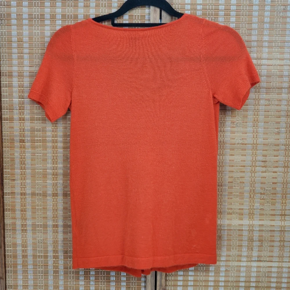♧ Henri Bendel Orange Cashmere Pleated Scoopneck Short Sleeve Sweater Size Small